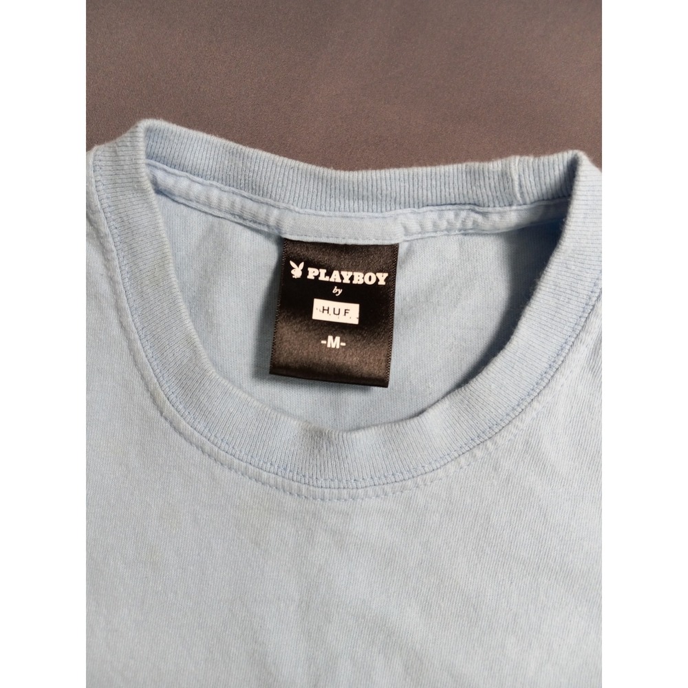 HUF x Playboy Mens Graphic T-Shirt Light Blue Pin Up Bunny Logo Size M - Picture 5 of 9
